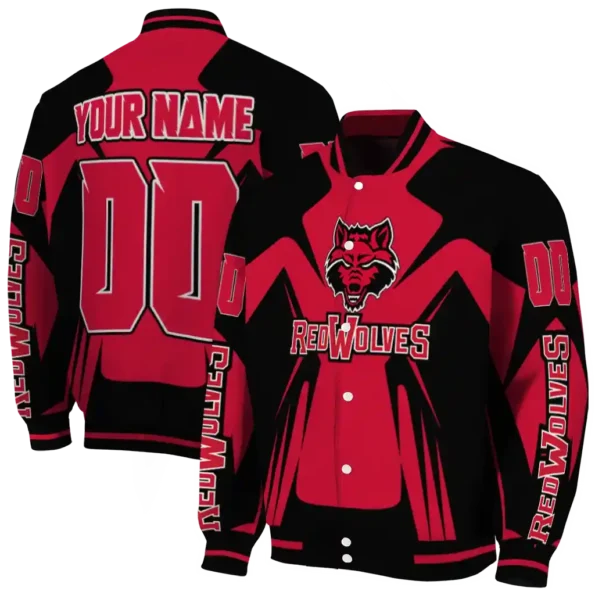 personalized arkansas state red wolves spider mark scarlet black varsity jacket fashion forward.webp