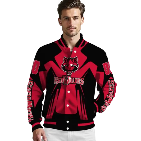 personalized arkansas state red wolves spider mark scarlet black varsity jacket high quality.webp