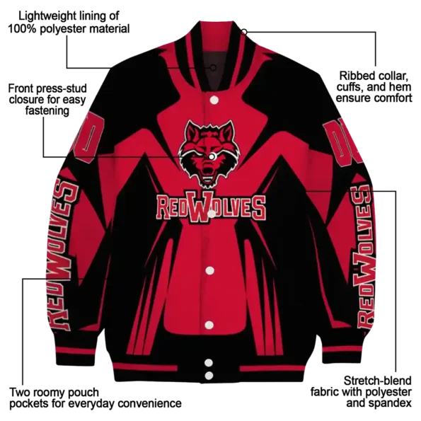 personalized arkansas state red wolves spider mark scarlet black varsity jacket new arrival.webp