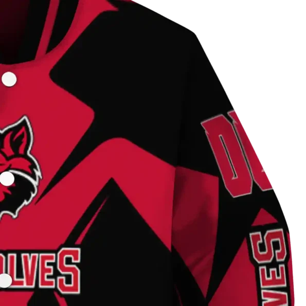personalized arkansas state red wolves spider mark scarlet black varsity jacket premium grade.webp