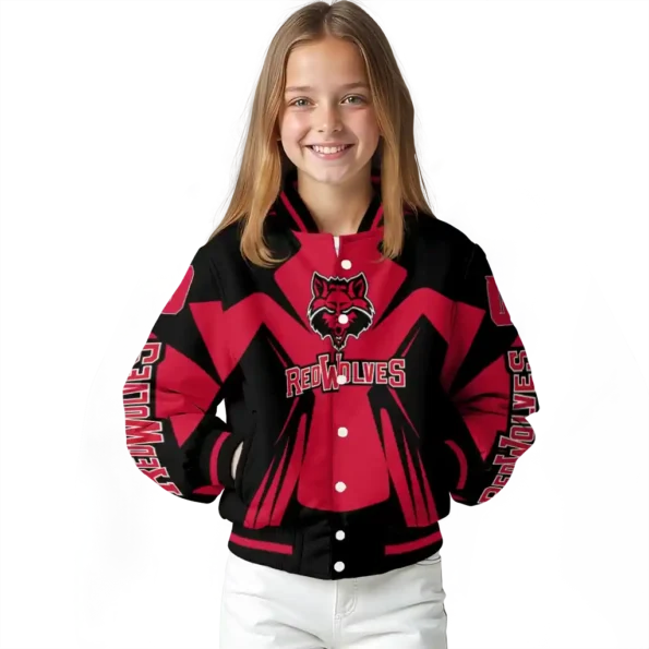 personalized arkansas state red wolves spider mark scarlet black varsity jacket top rated.webp
