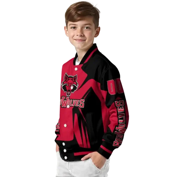 personalized arkansas state red wolves spider mark scarlet black varsity jacket trendy.webp