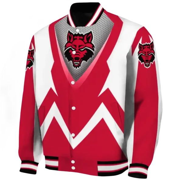 personalized arkansas state red wolves v stripes scarlet white varsity jacket best selling