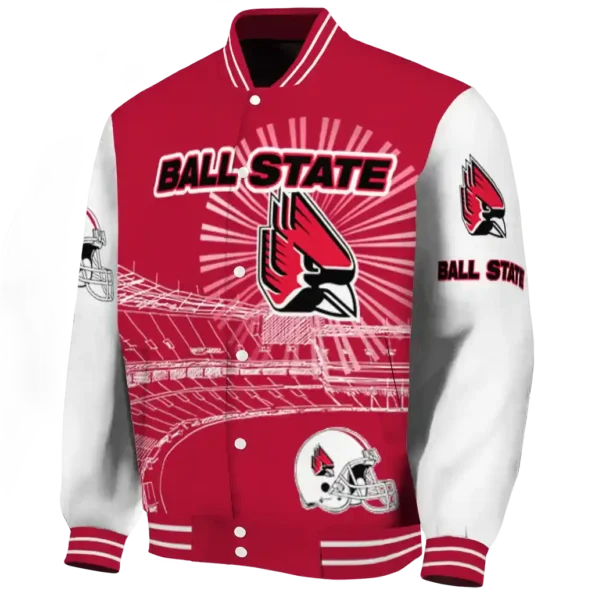 personalized ball state cardinals ferris arena red white varsity jacket best selling