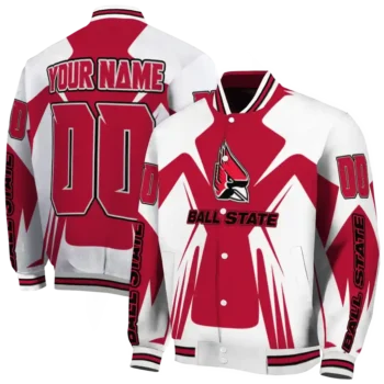 personalized ball state cardinals spider mark red white varsity jacket fashion forward.webp