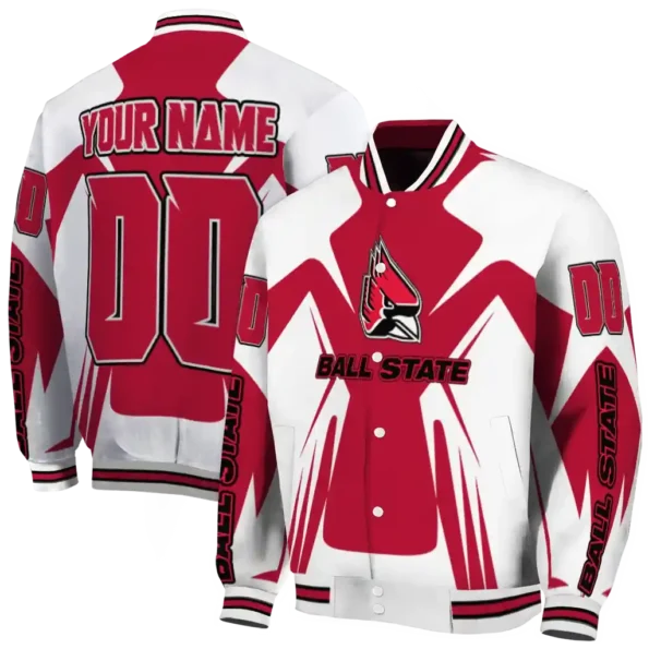 personalized ball state cardinals spider mark red white varsity jacket fashion forward.webp