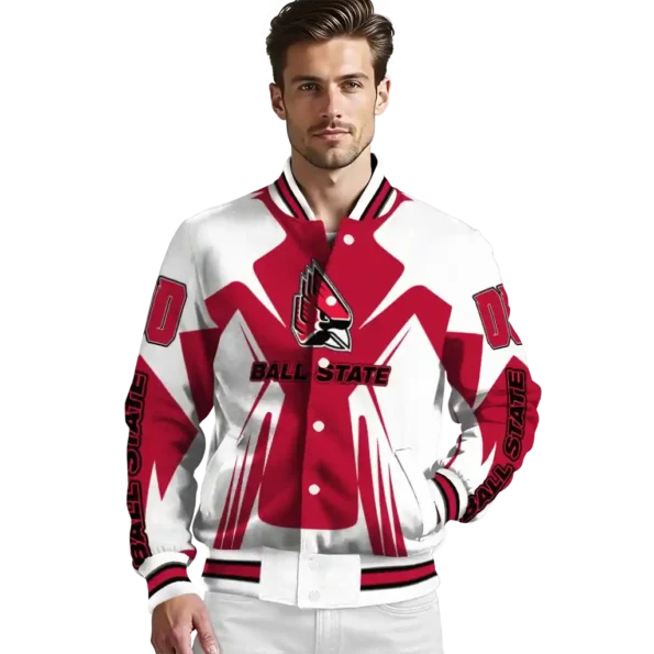 personalized ball state cardinals spider mark red white varsity jacket high quality.webp
