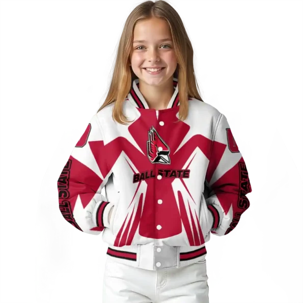 personalized ball state cardinals spider mark red white varsity jacket top rated.webp