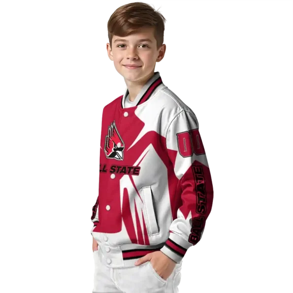 personalized ball state cardinals spider mark red white varsity jacket trendy.webp