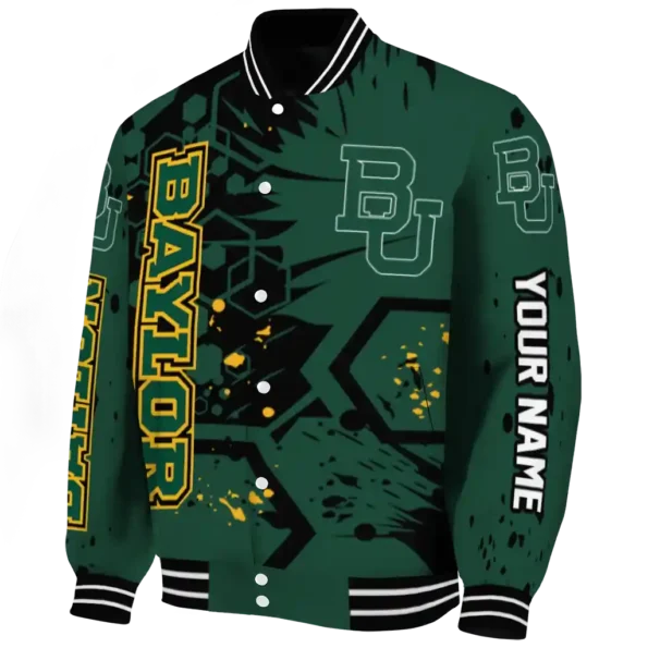 personalized baylor bears hexagon cluster green black varsity jacket best selling