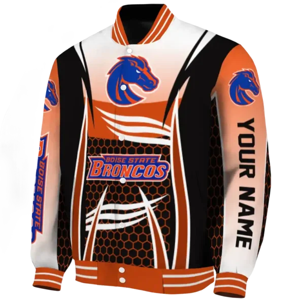 personalized boise state broncos mesh effect orange black varsity jacket best selling
