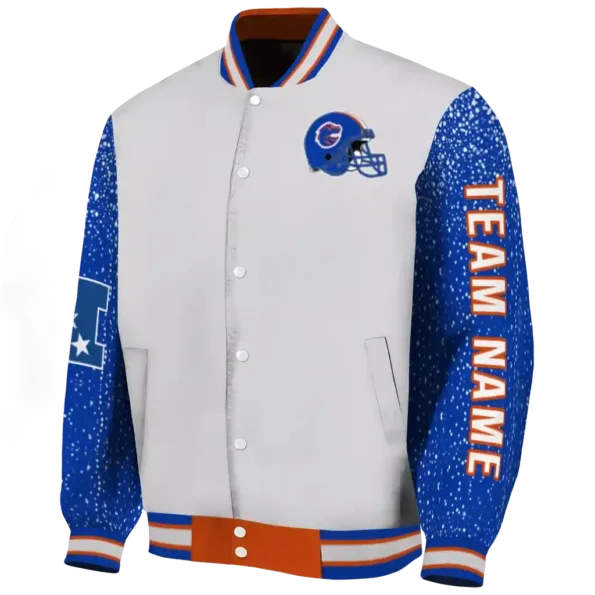 personalized boise state broncos speckled arms orange gray varsity jacket best selling