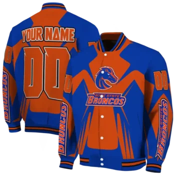 personalized boise state broncos spider mark orange blue varsity jacket fashion forward.webp