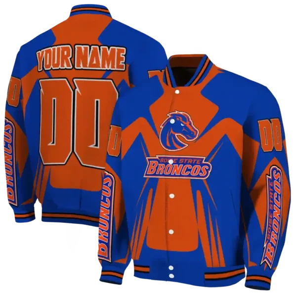 personalized boise state broncos spider mark orange blue varsity jacket fashion forward.webp