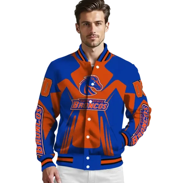 personalized boise state broncos spider mark orange blue varsity jacket high quality.webp