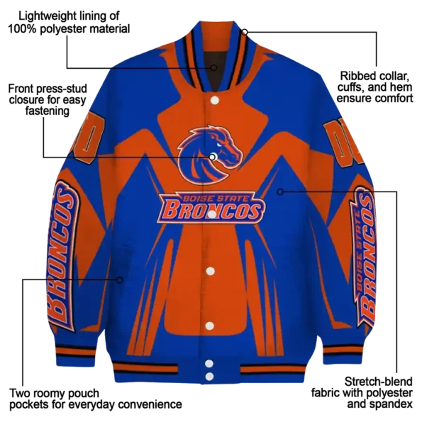 personalized boise state broncos spider mark orange blue varsity jacket new arrival.webp