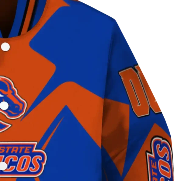personalized boise state broncos spider mark orange blue varsity jacket premium grade.webp