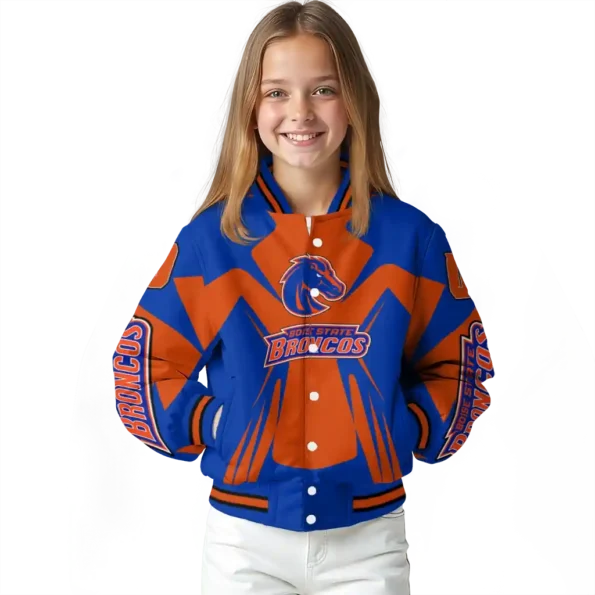 personalized boise state broncos spider mark orange blue varsity jacket top rated.webp