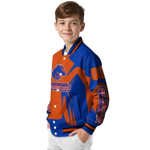 personalized boise state broncos spider mark orange blue varsity jacket trendy.webp