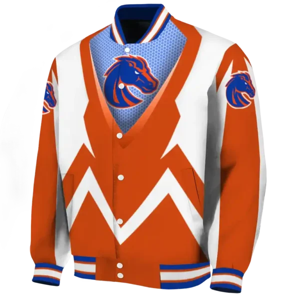 personalized boise state broncos v stripes orange white varsity jacket best selling