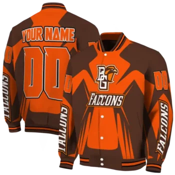 personalized bowling green falcons spider mark orange brown varsity jacket fashion forward.webp