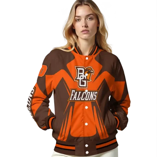 personalized bowling green falcons spider mark orange brown varsity jacket latest model.webp