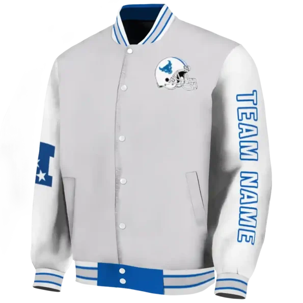 personalized buffalo bulls speckled arms royal blue gray varsity jacket best selling