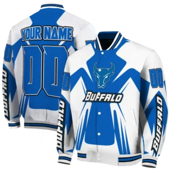 personalized buffalo bulls spider mark royal blue white varsity jacket fashion forward.webp