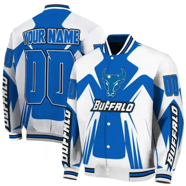 personalized buffalo bulls spider mark royal blue white varsity jacket fashion forward.webp