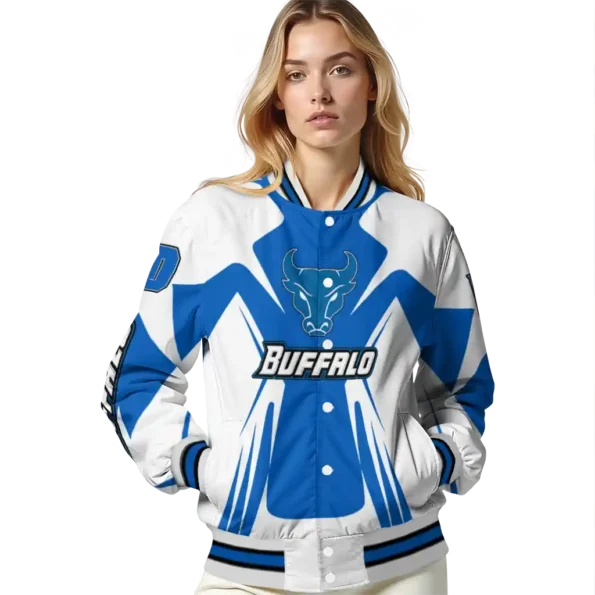personalized buffalo bulls spider mark royal blue white varsity jacket latest model.webp