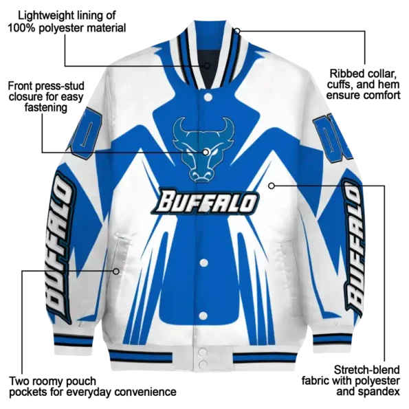 personalized buffalo bulls spider mark royal blue white varsity jacket new arrival.webp