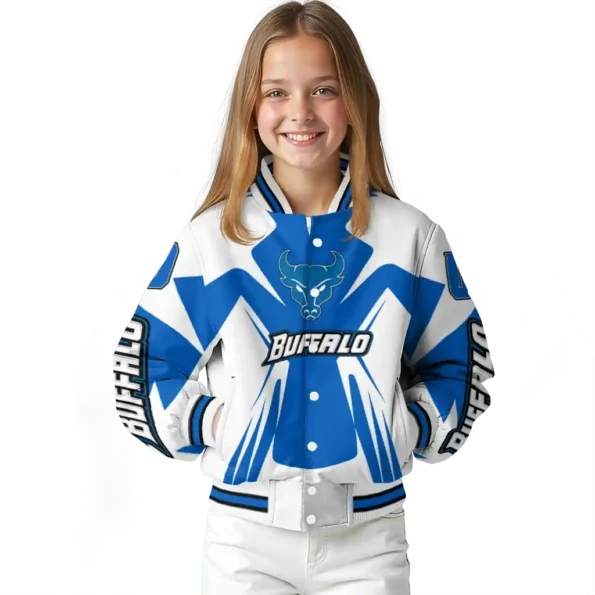 personalized buffalo bulls spider mark royal blue white varsity jacket top rated.webp