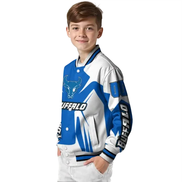 personalized buffalo bulls spider mark royal blue white varsity jacket trendy.webp