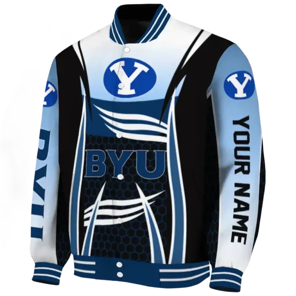 personalized byu cougars mesh effect blue black varsity jacket best selling
