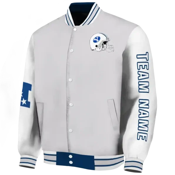 personalized byu cougars speckled arms blue gray varsity jacket best selling