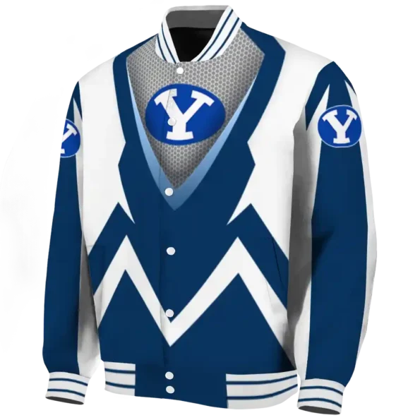 personalized byu cougars v stripes blue white varsity jacket best selling