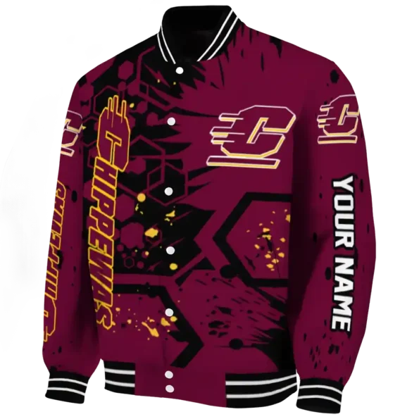 personalized central michigan chippewas hexagon cluster maroon black varsity jacket best selling