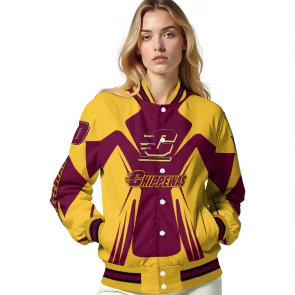 personalized central michigan chippewas spider mark maroon gold varsity jacket latest model.webp