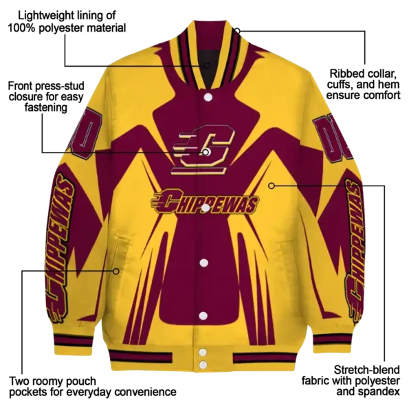 personalized central michigan chippewas spider mark maroon gold varsity jacket new arrival.webp