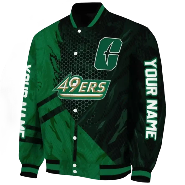 personalized charlotte 49ers hexagon mesh green black varsity jacket best selling