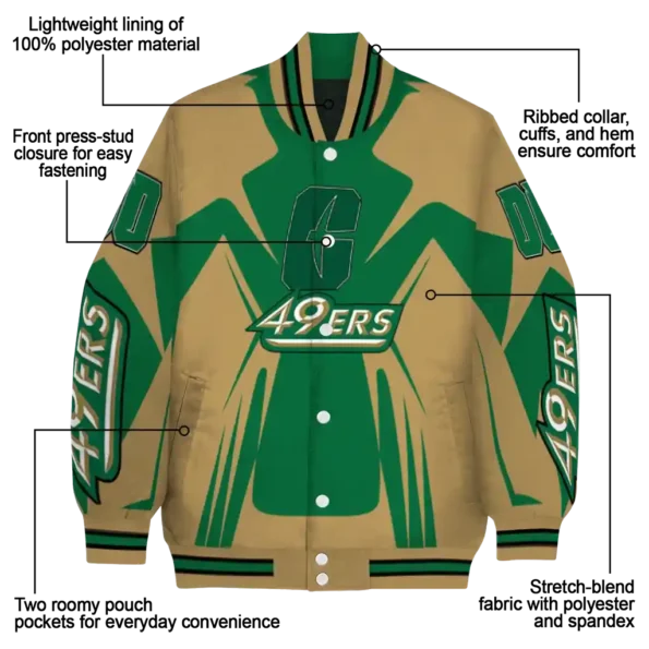 personalized charlotte 49ers spider mark green gold varsity jacket new arrival.webp