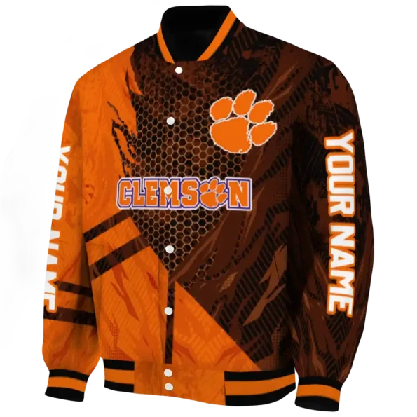 personalized clemson tigers hexagon mesh orange black varsity jacket best selling