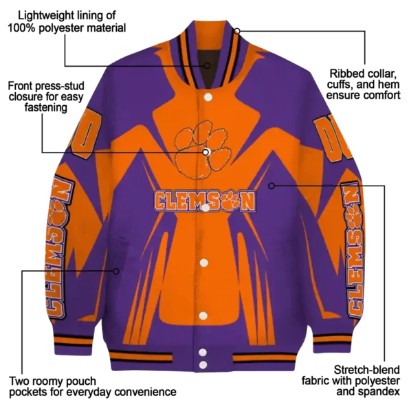 personalized clemson tigers spider mark orange purple varsity jacket new arrival.webp
