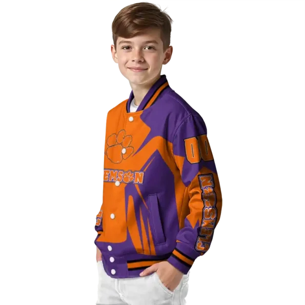 personalized clemson tigers spider mark orange purple varsity jacket trendy.webp