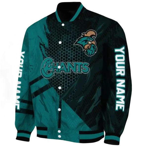 personalized coastal carolina chanticleers hexagon mesh green black varsity jacket best selling