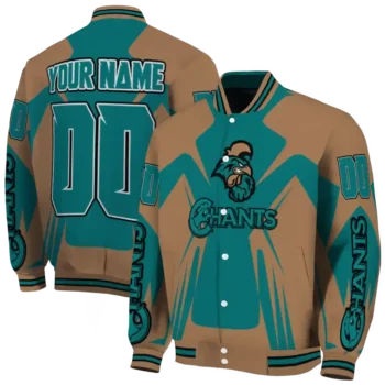 personalized coastal carolina chanticleers spider mark green gold varsity jacket fashion forward.webp