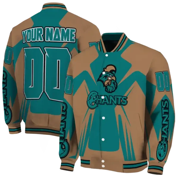 personalized coastal carolina chanticleers spider mark green gold varsity jacket fashion forward.webp