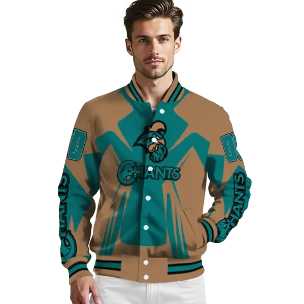 personalized coastal carolina chanticleers spider mark green gold varsity jacket high quality.webp