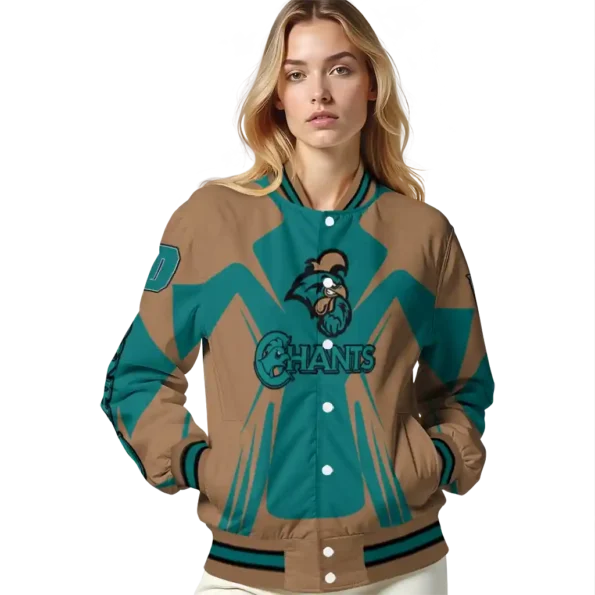 personalized coastal carolina chanticleers spider mark green gold varsity jacket latest model.webp