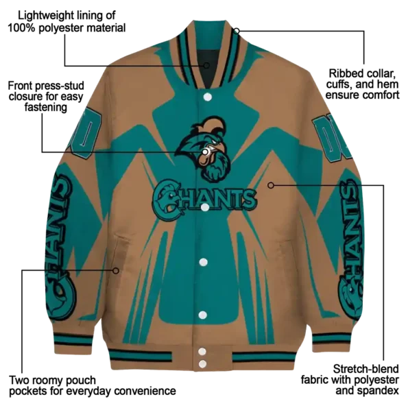 personalized coastal carolina chanticleers spider mark green gold varsity jacket new arrival.webp